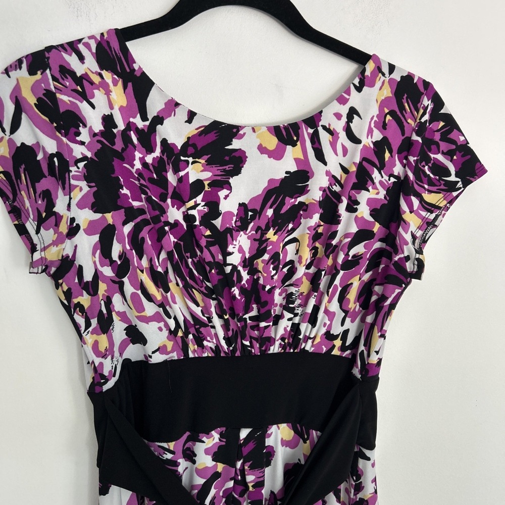 Dress Barn Sz 6 Short Sleeve Purple Black Floral Black Tie Back Flare Fun Dress - Picture 6 of 9